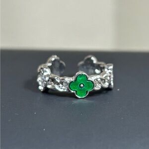 Trendy Silver and Green Clover Ring
